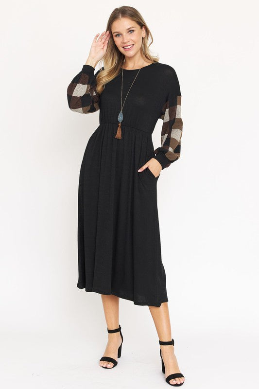 Brown Checker Plaid Bishop Sleeve Midi Dress Small Brown Checker Plaid Bishop Sleeve Midi Dress Small